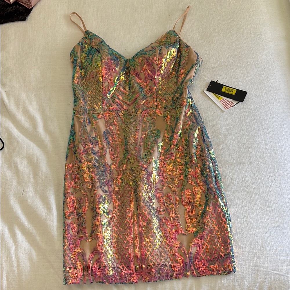 Fashion Nova Gold and Pink Sheath Mini Dress Spaghetti Strap